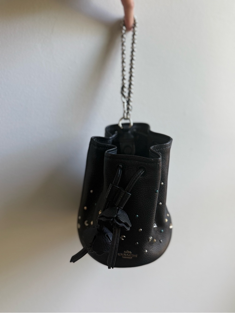 Coach Black Pebbled Leather Drawstring Wristlet with Silver Studs & Chain